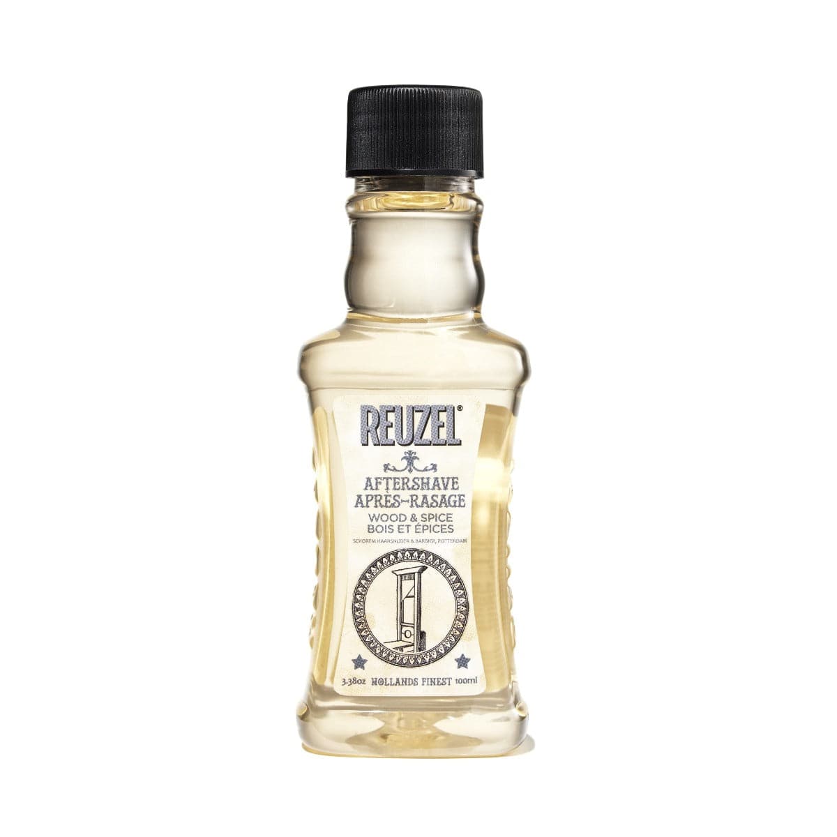 Reuzel Wood & Spice beard aftershave bottle with a wooden cap and label, showcasing a warm, woody and spicy scent.