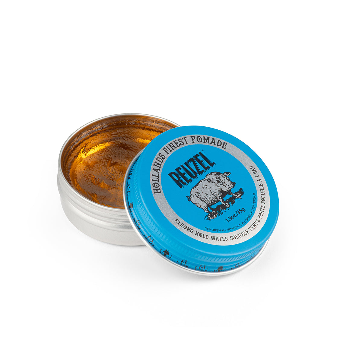 Reuzel Blue Pomade in a 35g jar, showing the vibrant blue label and creamy pomade texture on a white background.