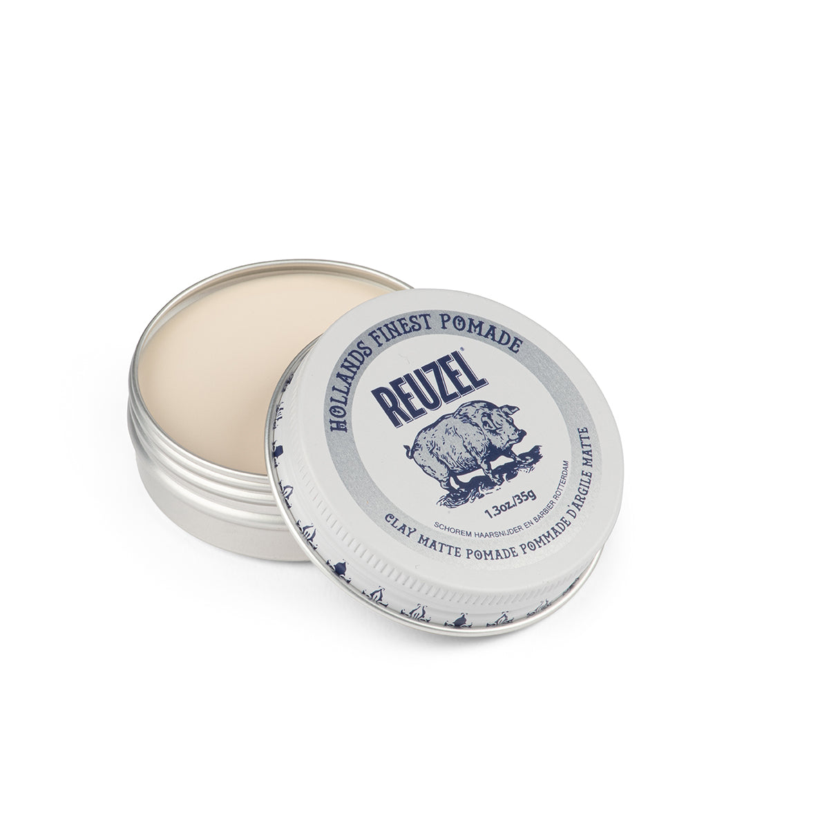 Reuzel Clay Matte Pomade in 35g jar, showing the product's clay-based matte finish for textured hairstyles