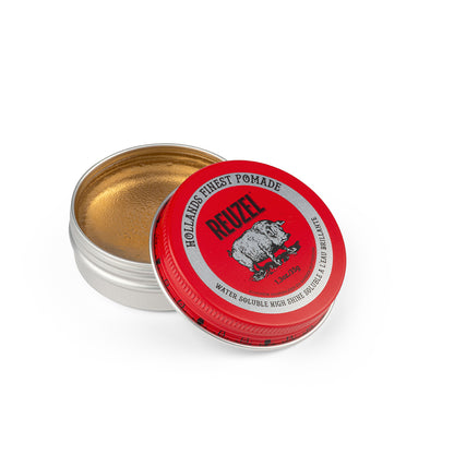 Red Reuzel Pomade jar with the product label visible, showcasing the classic hair styling pomade in a 35g container.