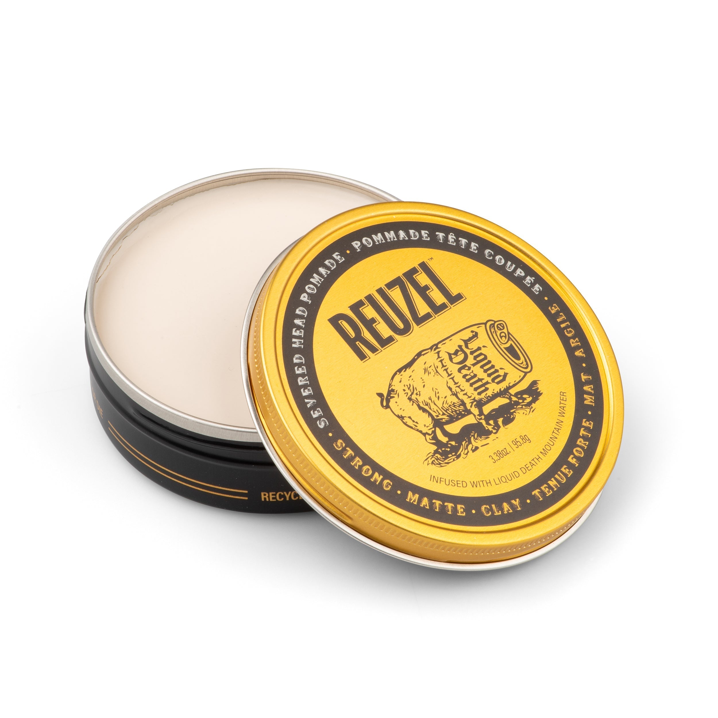 Reuzel x Liquid Death Severed Head Pomade jar with label, showcasing the unique packaging and branding of the hair styling product.