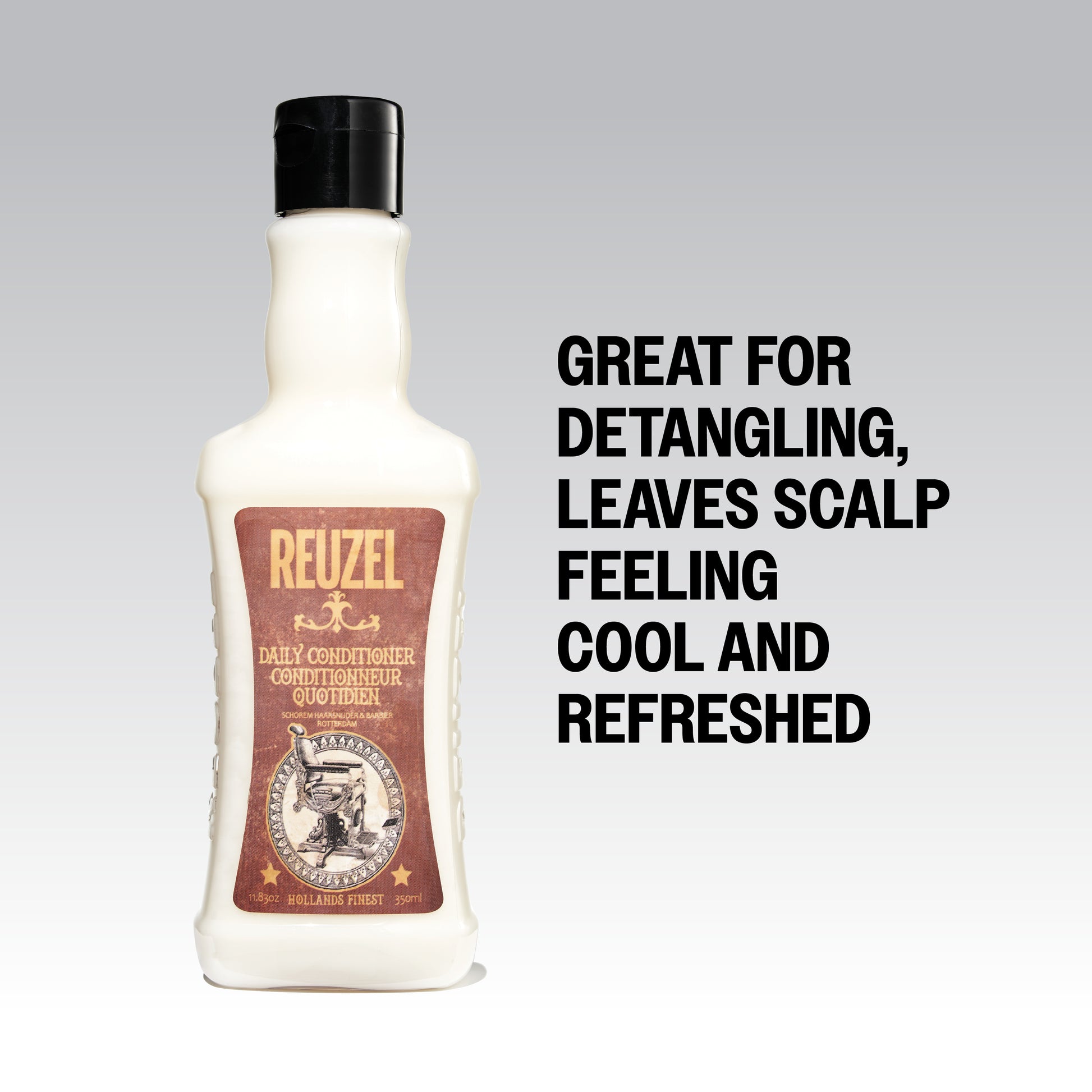 Reuzel Daily Conditioner bottle with pump dispenser, creamy texture, and clean design for nourishing hair care.