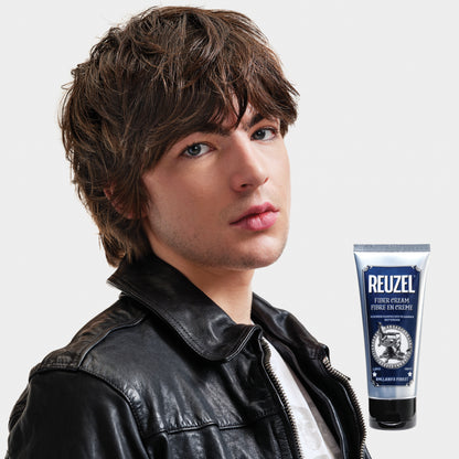 Reuzel Fiber Cream hair styling product in a jar, showcasing its thick, matte texture ideal for textured hairstyles.