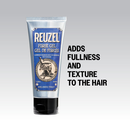 Reuzel Fiber Gel hair styling product in a jar with textured gel visible, designed for strong hold and thickening.