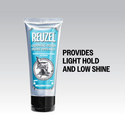 Reuzel grooming cream in a tub, showing thick hair styling cream with a smooth, creamy texture for hair styling and grooming.