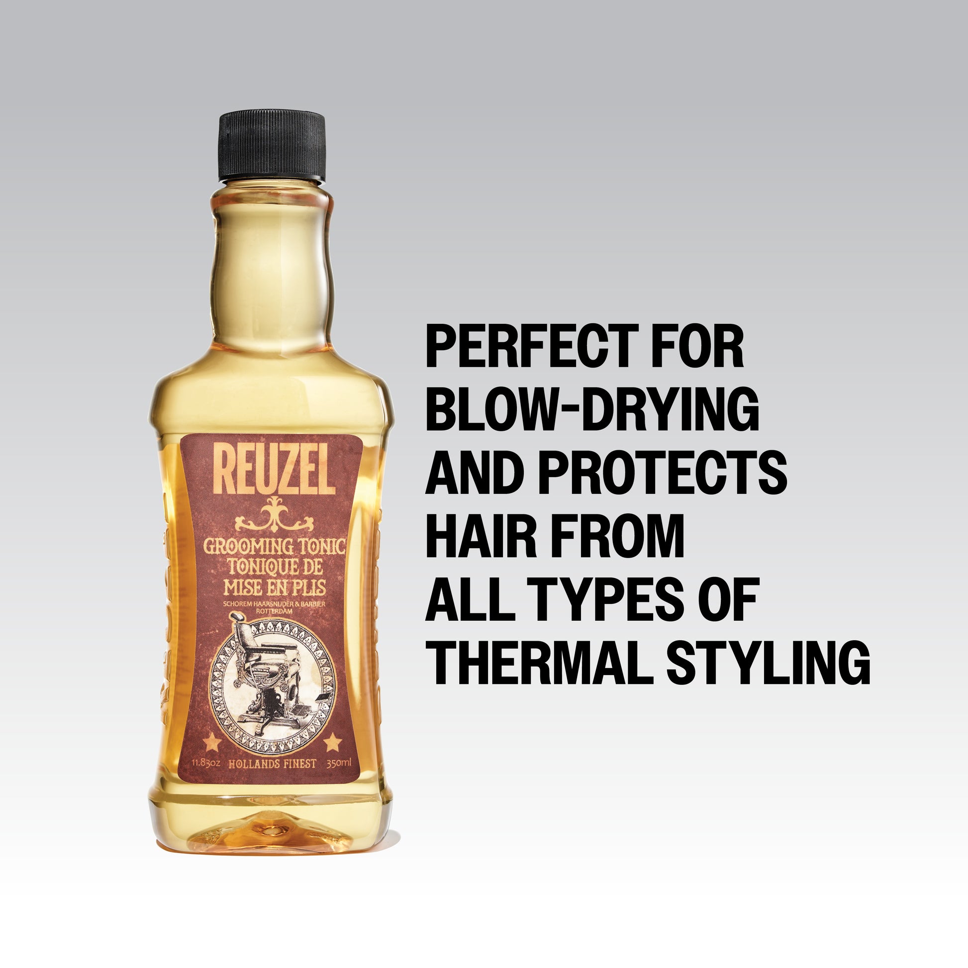 Reuzel Grooming Tonic hair tonic bottle with label, clear liquid inside, on a neutral background.