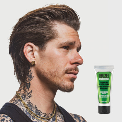 Reuzel Hydrating Styling Cream in a jar, smooth and creamy hair styling product with a white lid and label, ideal for moisture and hold