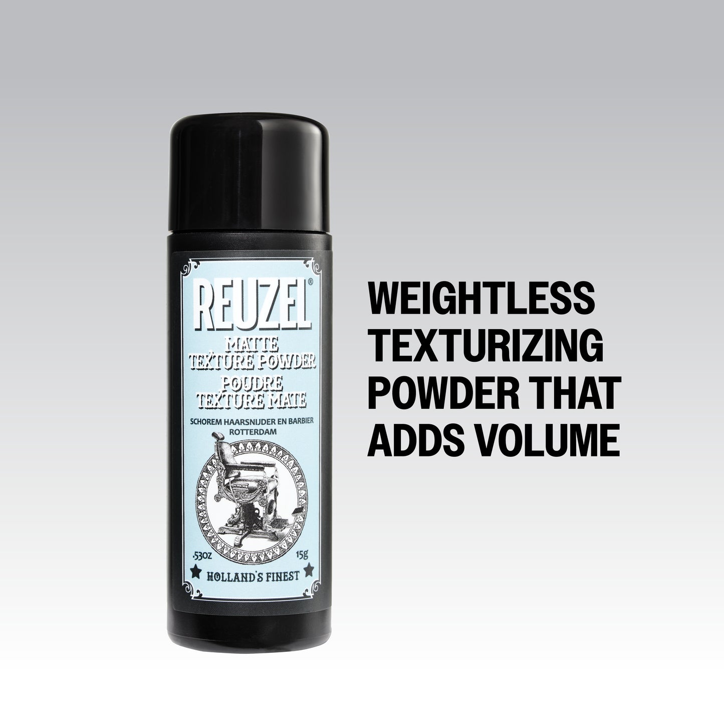 Reuzel Matte Texture Powder for hair styling, showing the product container with a matte finish and textured powder inside.