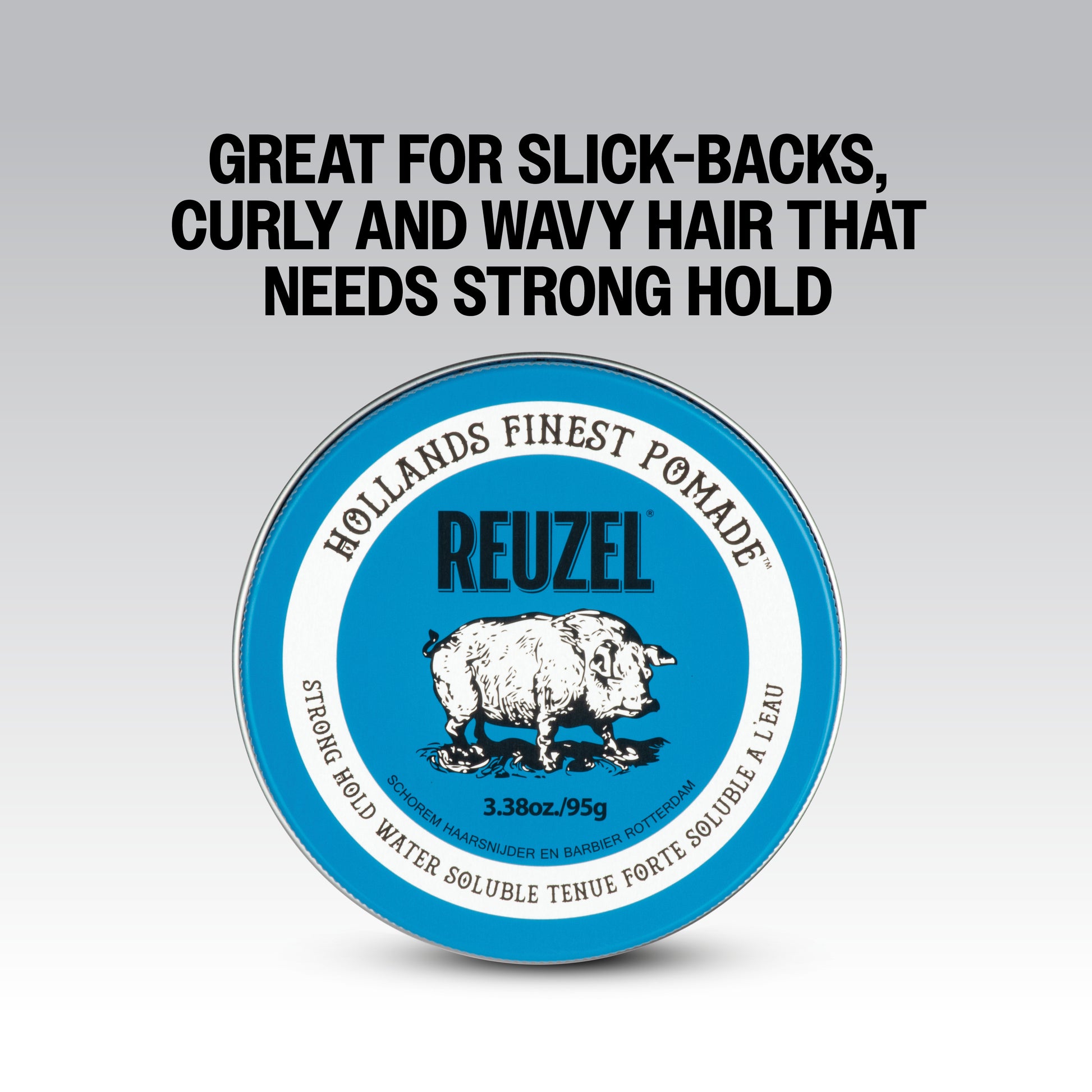 Reuzel Blue Pomade in a jar, showcasing its smooth, shiny blue hair styling pomade for classic, sleek looks.