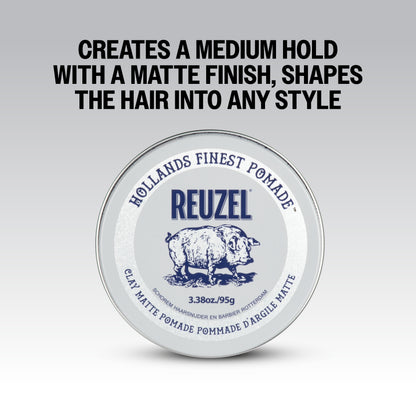 Reuzel Road Trip To Go Clay Pomade jar with black lid and label, showing the product container for styling hair.