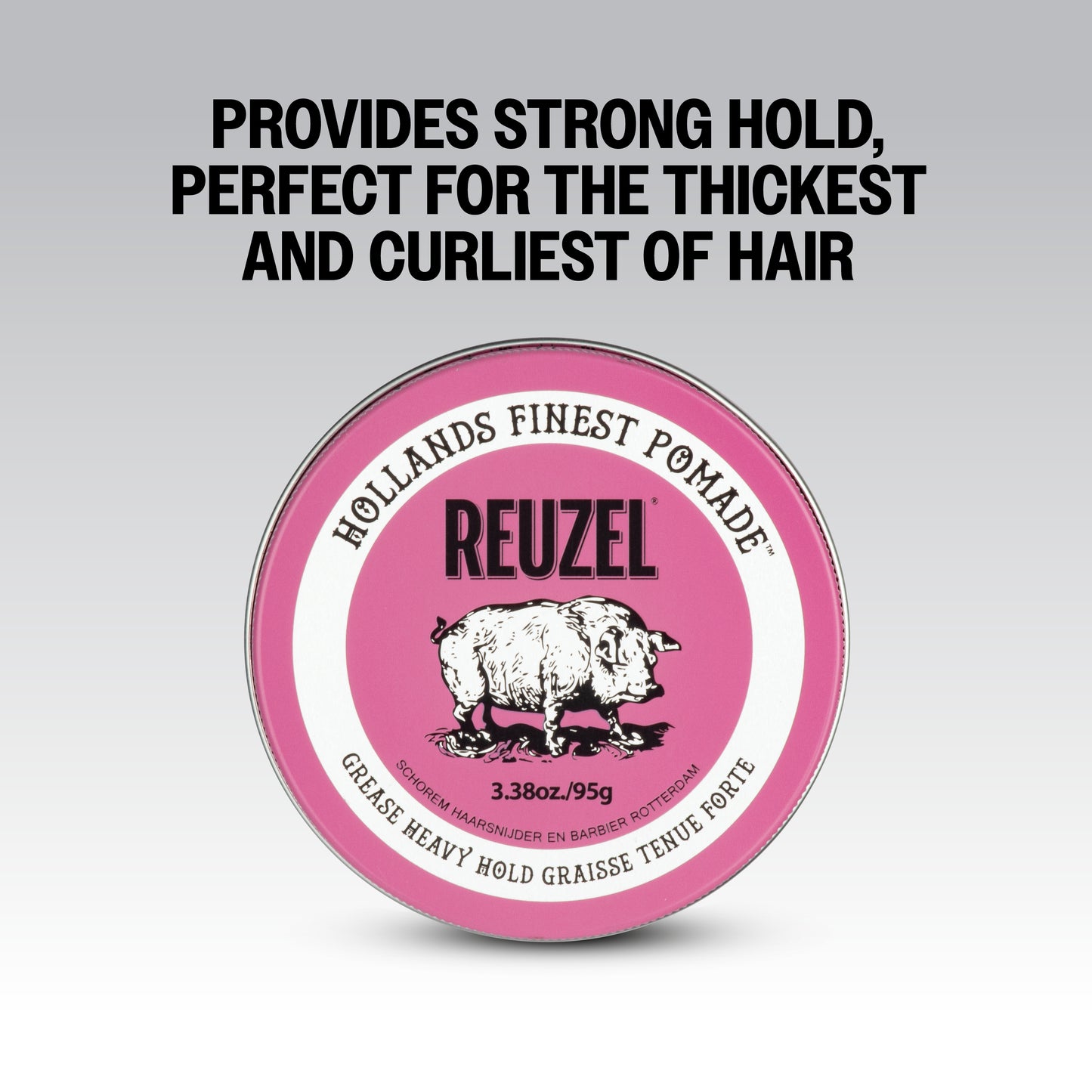 Reuzel Pink Pomade Grease in a jar, showcasing the vibrant pink-colored pomade for styling hair with a glossy finish.