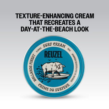 Reuzel Surf Cream pomade jar with textured label and black lid, showing the product's packaging and branding.
