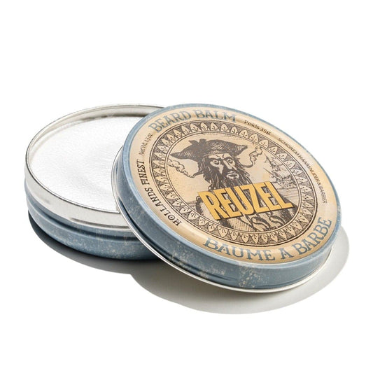 Reuzel beard balm jar with label, showing creamy texture and natural ingredients, for beard grooming and styling.