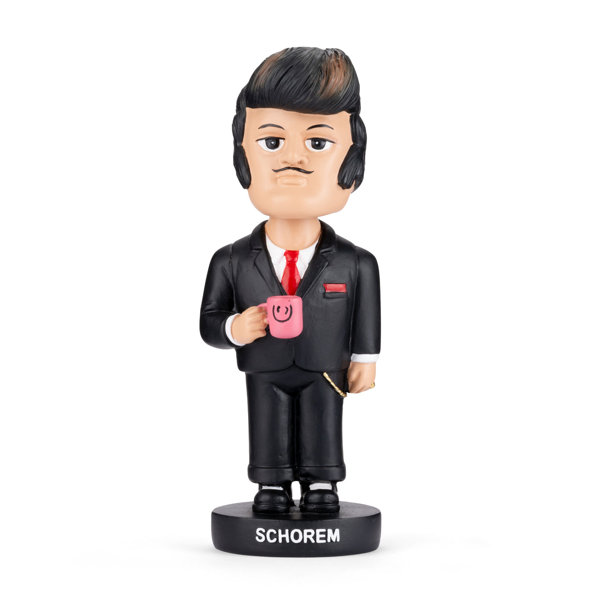 A custom bobblehead figurine of a man in a black suit and red tie holding a pink mug, standing on a black base labeled 'SCHOREM' in white text, on a white background.