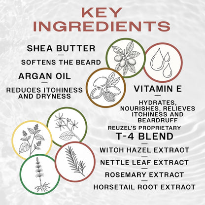 Reuzel Beard Balm Wood & Spice in a jar, showing the natural wood and spice scent ingredients for grooming and styling beard.