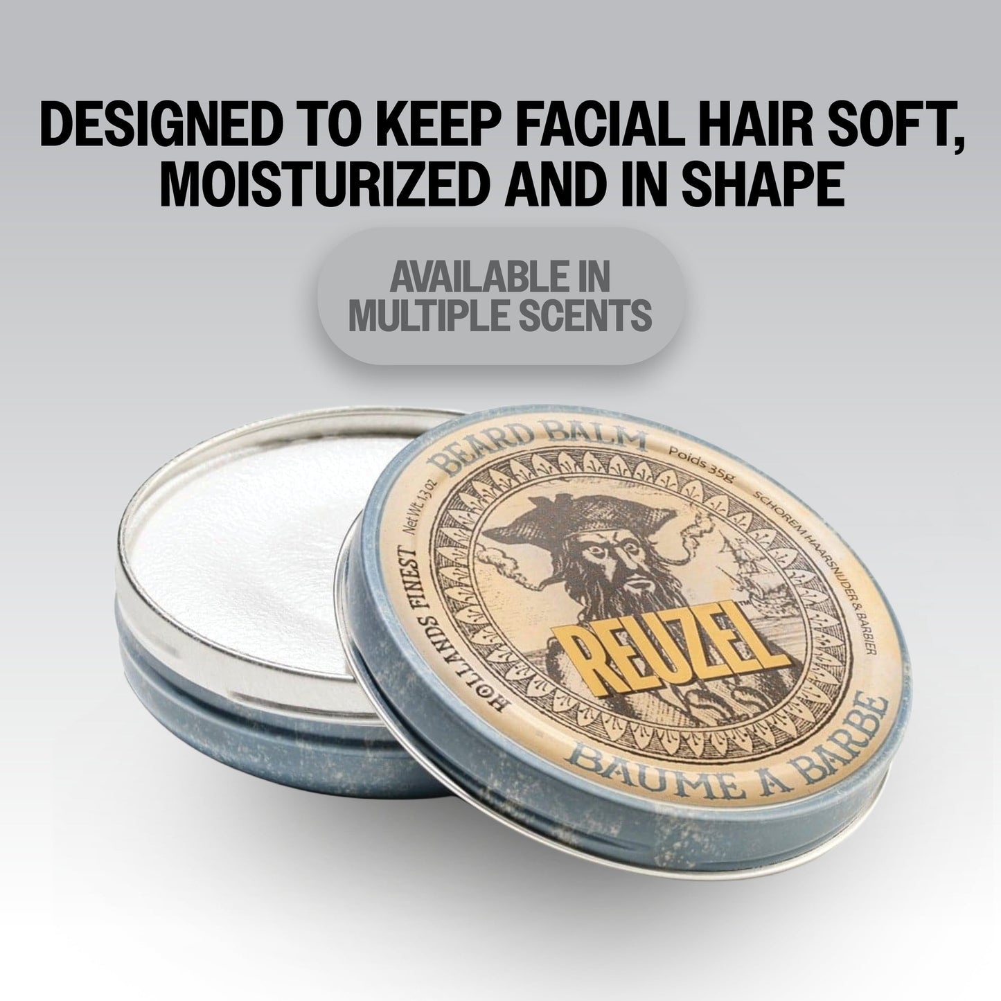Reuzel Beard Balm Wood & Spice in a jar, with natural ingredients and a warm, woody spice scent, designed for beard grooming.