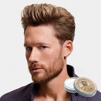 Reuzel Beard Balm Wood & Spice in a jar, showcasing the natural beard grooming product with a warm wood and spice scent.