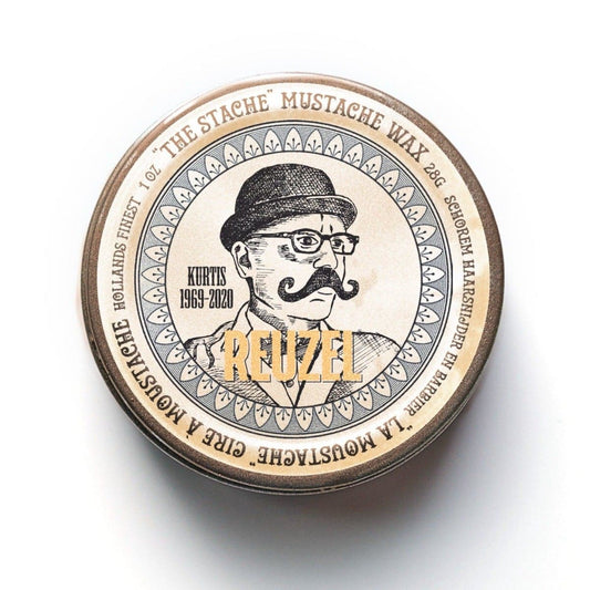 Reuzel The Stache Mustache Wax in a tin, designed for shaping and styling mustaches with natural hold