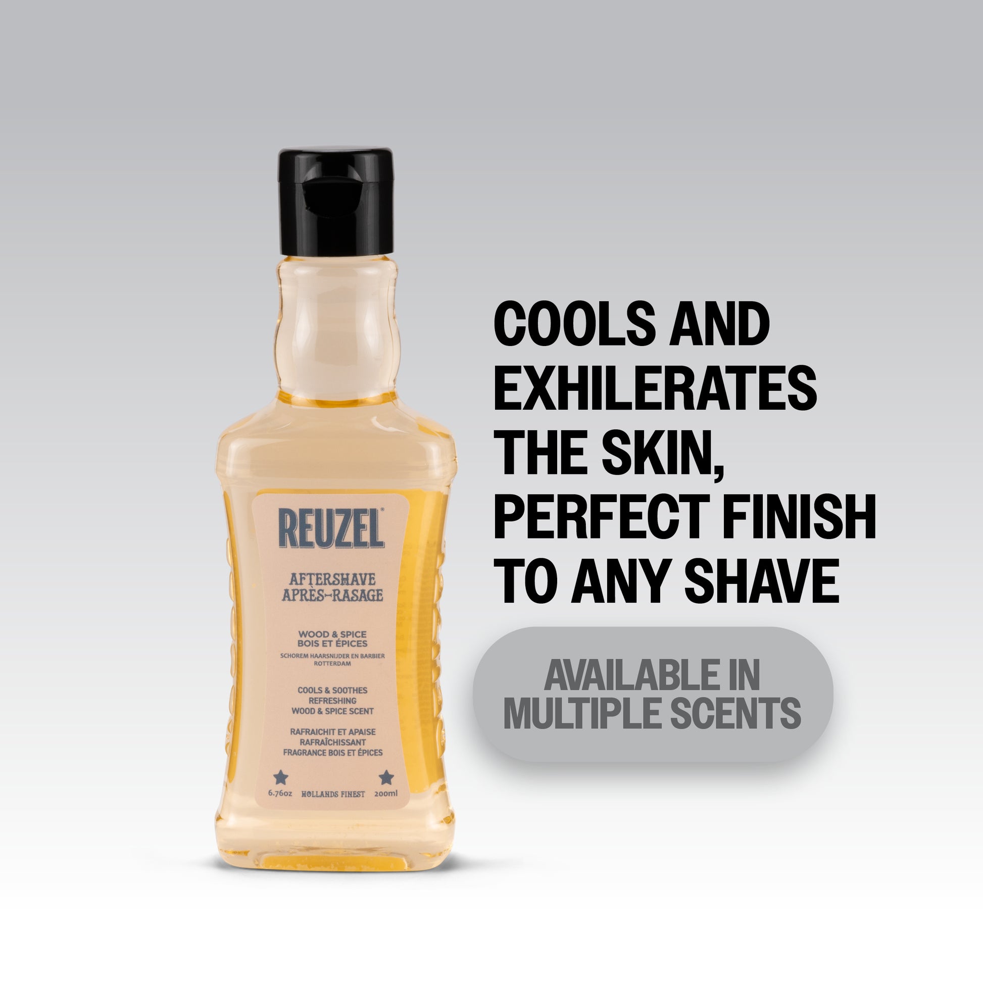 Reuzel Wood & Spice beard aftershave bottle with a wooden cap and spice-scented label, part of Reuzel beard care products.