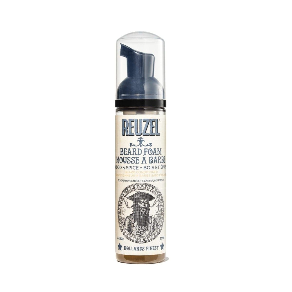 Reuzel Wood & Spice Beard Foam in a pump bottle, showcasing the beard grooming product with a wooden and spicy scent profile.