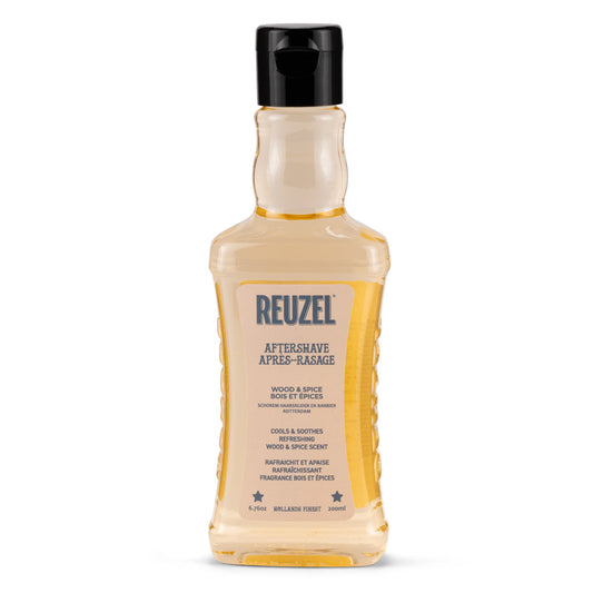 Reuzel Wood & Spice beard aftershave in a 200ml bottle, featuring a woody and spicy scent for beard grooming.