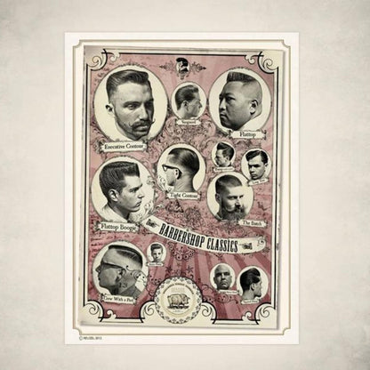 Reuzel Germany Barbershop Classics poster featuring vintage barber tools and classic grooming imagery for wall decor.
