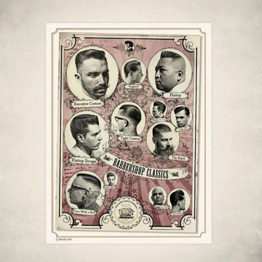Reuzel Germany Barbershop Classics poster featuring vintage barber tools and classic grooming imagery for wall decor.