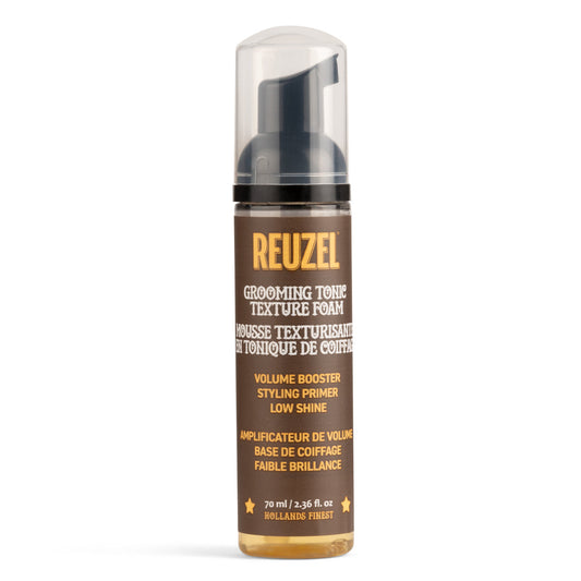 Reuzel Grooming Tonic Texture Foam for hair styling, showing the foam in a styling container with hair texture demonstration.
