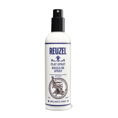 Reuzel clay spray for hair styling, featuring a spray bottle with textured clay product ideal for shaping and adding matte finish.