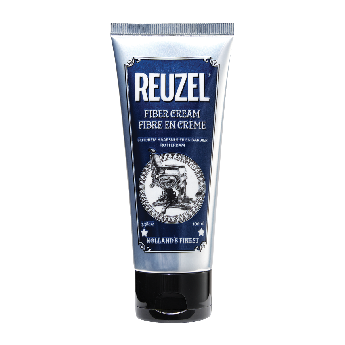 Reuzel Fiber Cream hair styling product showing a close-up of the fiber cream jar with a black lid and label.