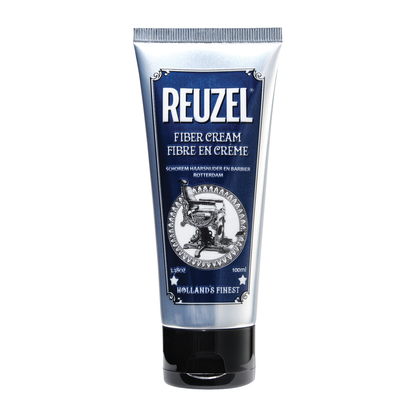 Reuzel Fiber Cream hair styling product showing a close-up of the fiber cream jar with a black lid and label.