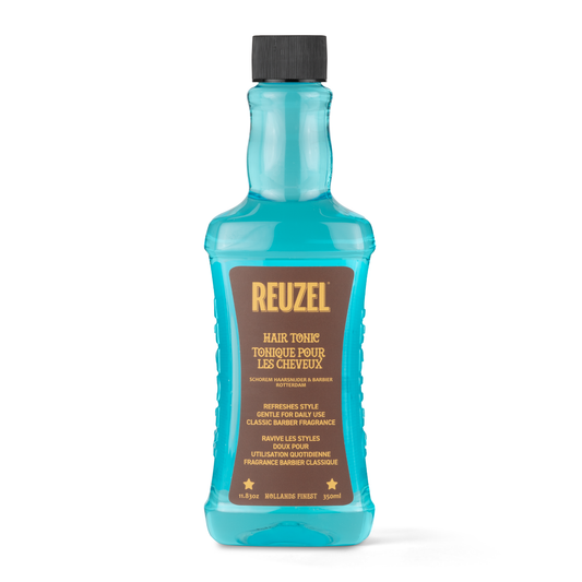 Reuzel Hair Tonic bottle with a pump dispenser, displayed on a white background, showcasing the hair styling product.
