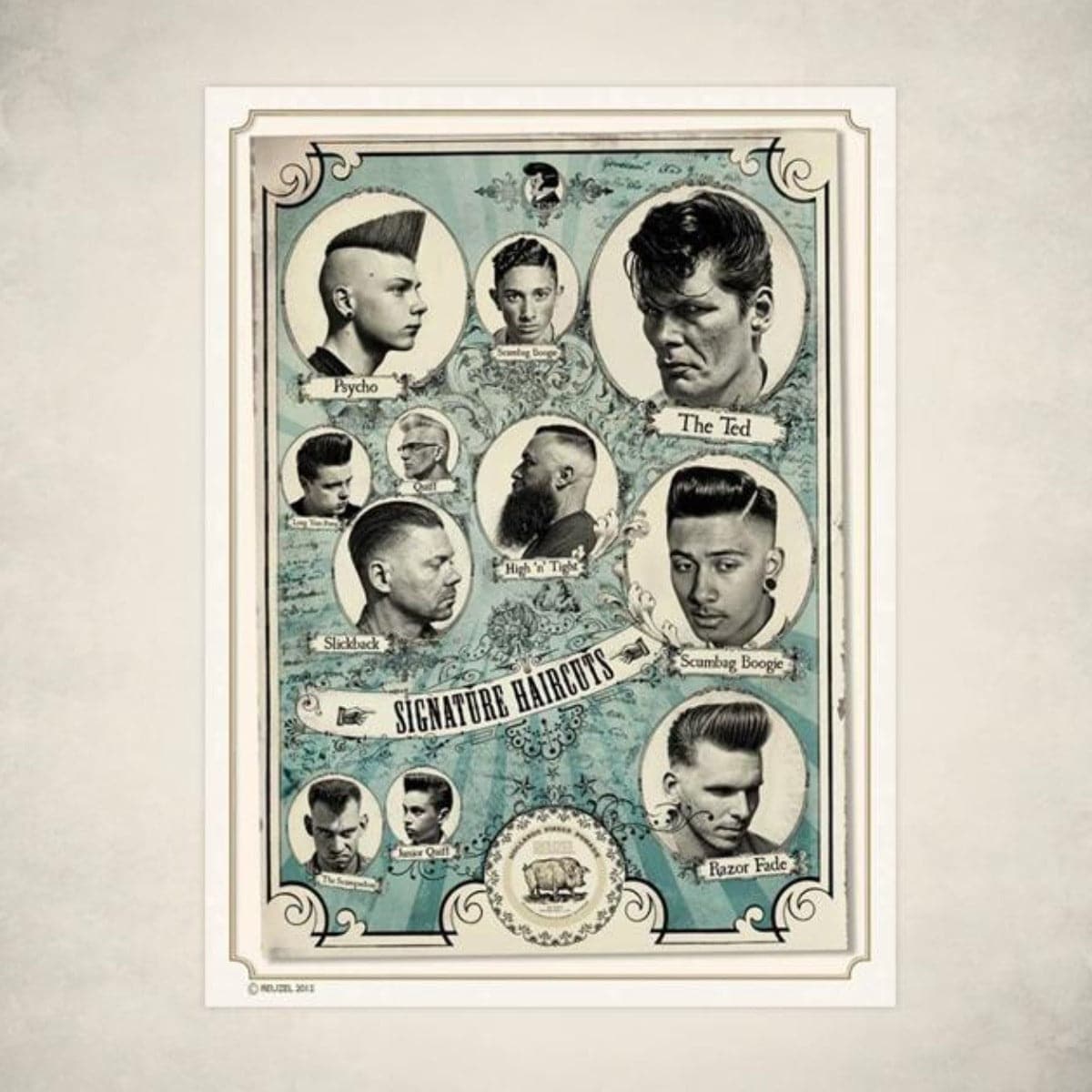 Reuzel Signature Haircuts Poster featuring stylish haircut illustrations for men's grooming and barbering decor.