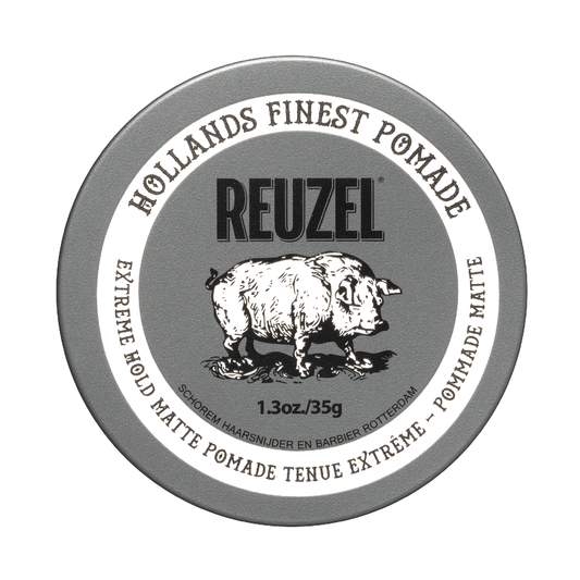 Reuzel Extreme Hold Matte Pomade jar with black lid and label, showing the product's matte finish and branding.