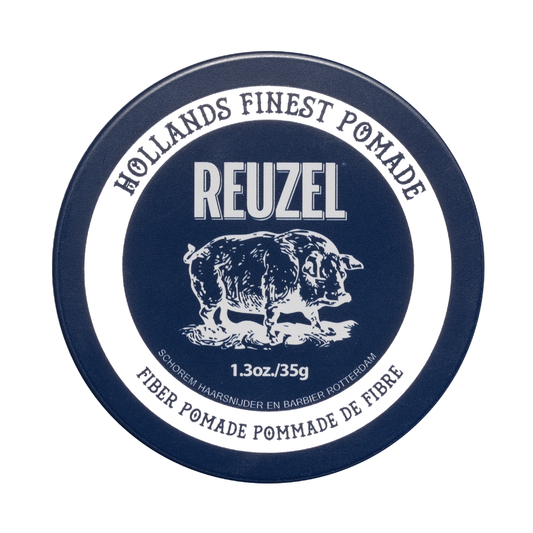 Reuzel Fiber Pomade jar showing the product label and packaging for textured, flexible hold hair styling.