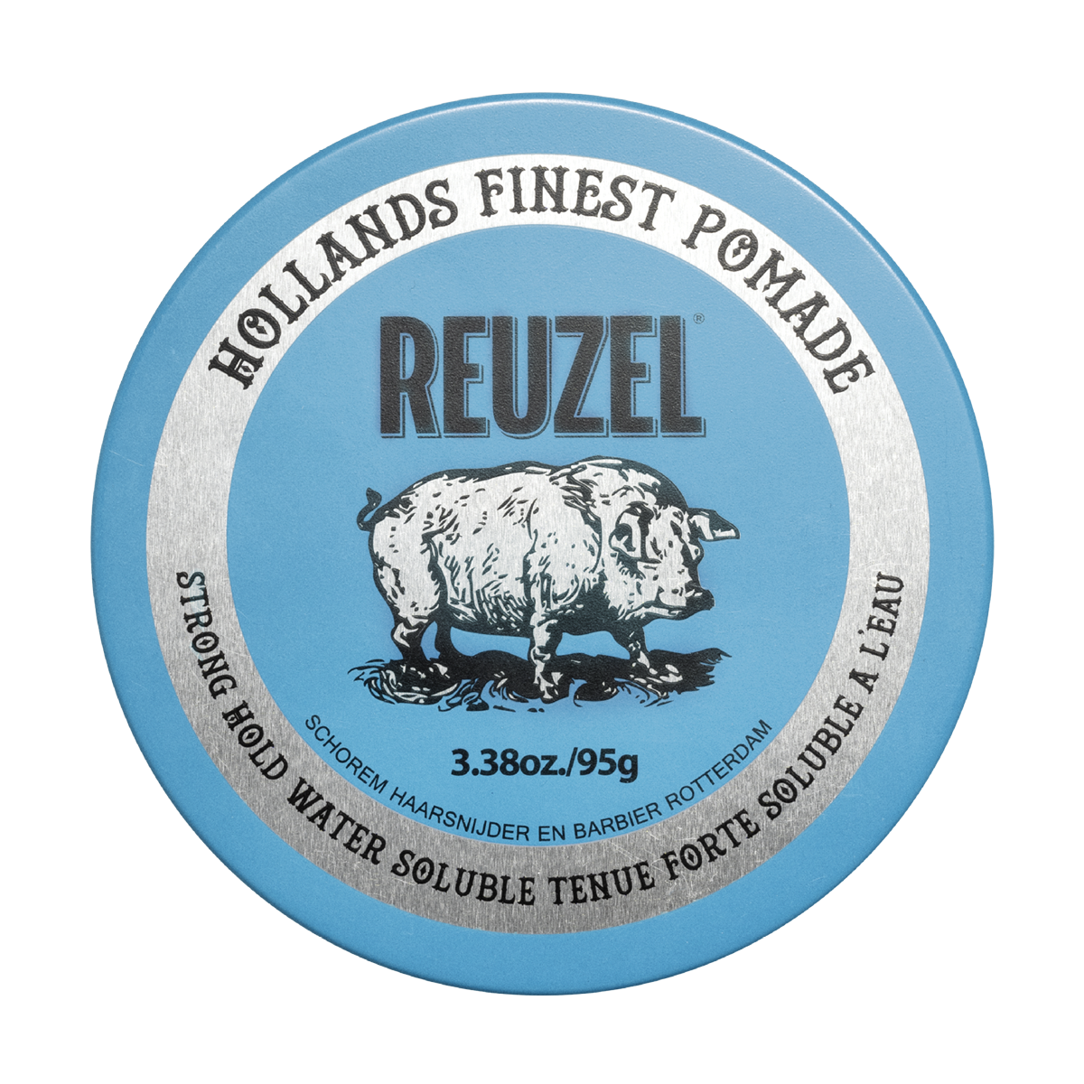 Blue Reuzel Pomade jar with label visible, showcasing the classic pomade container for styling hair with a blue lid.