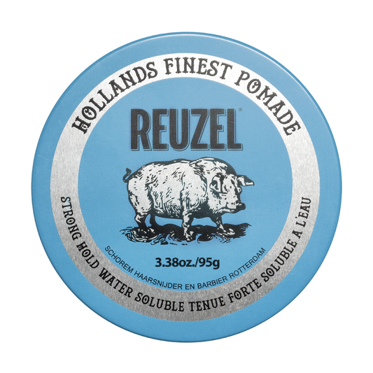 Blue Reuzel Pomade jar with label visible, showcasing the classic pomade container for styling hair with a blue lid.