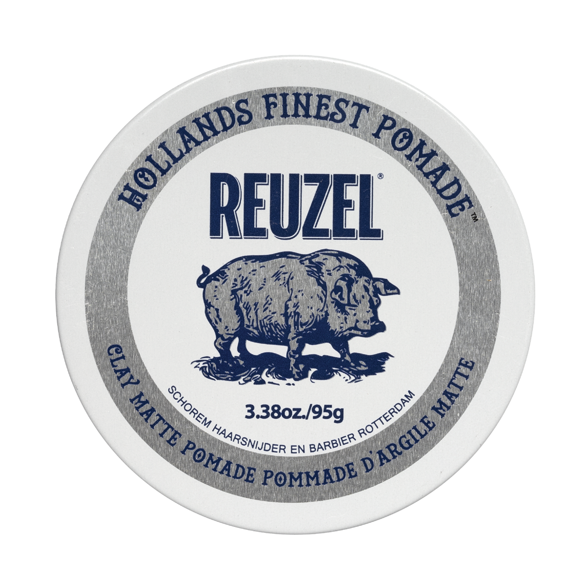 Reuzel Clay Matte Pomade jar with black label and silver lid, showing the product name and brand on the packaging.