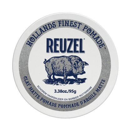 Reuzel Clay Matte Pomade jar with black label and silver lid, showing the product name and brand on the packaging.
