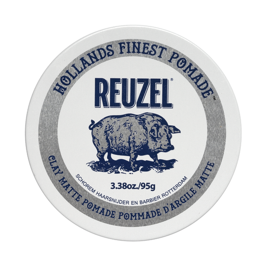 Reuzel Clay Matte Pomade jar with black label and silver lid, showing the product name and brand on the packaging.