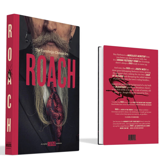 Reuzel Roach Book merch featuring a printed design, branded by UK Reuzel, displayed on a flat surface.